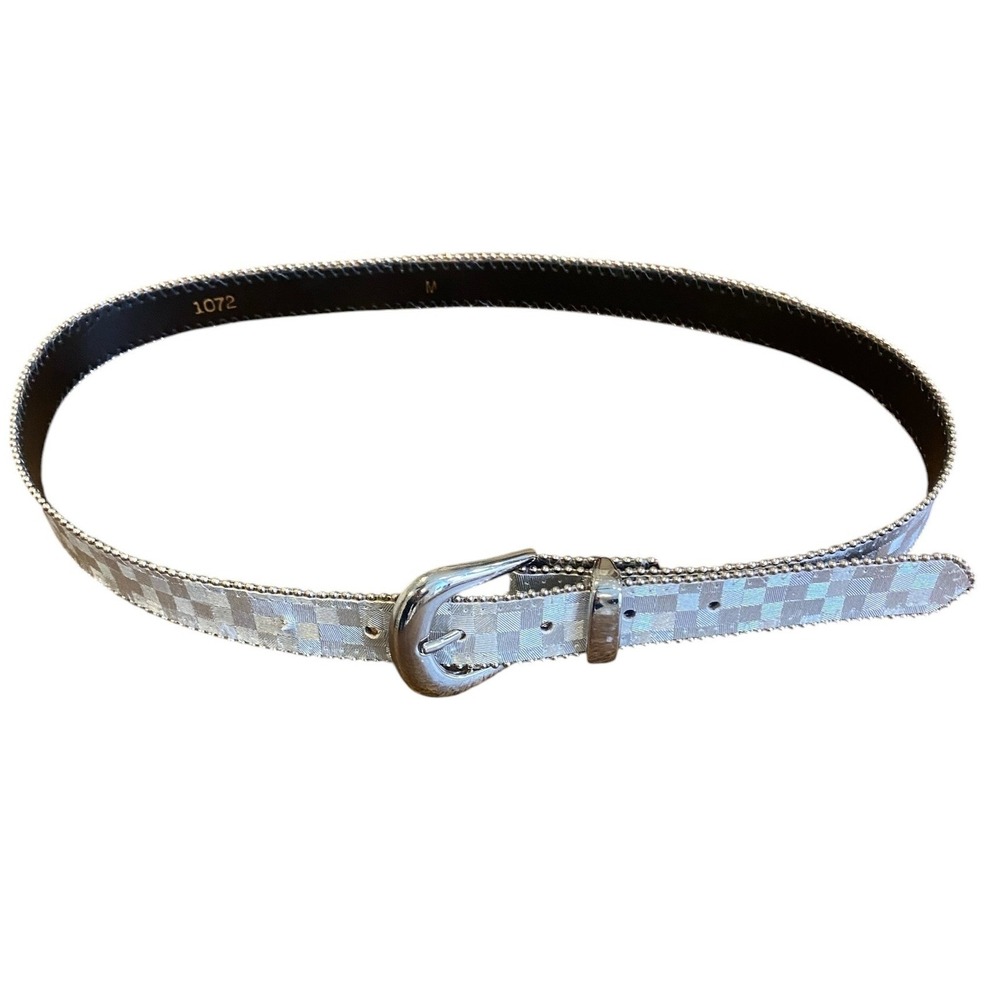 VTG Silver Metallic Checkboard Belt w/ Ball Chain Trim Sz M #341J